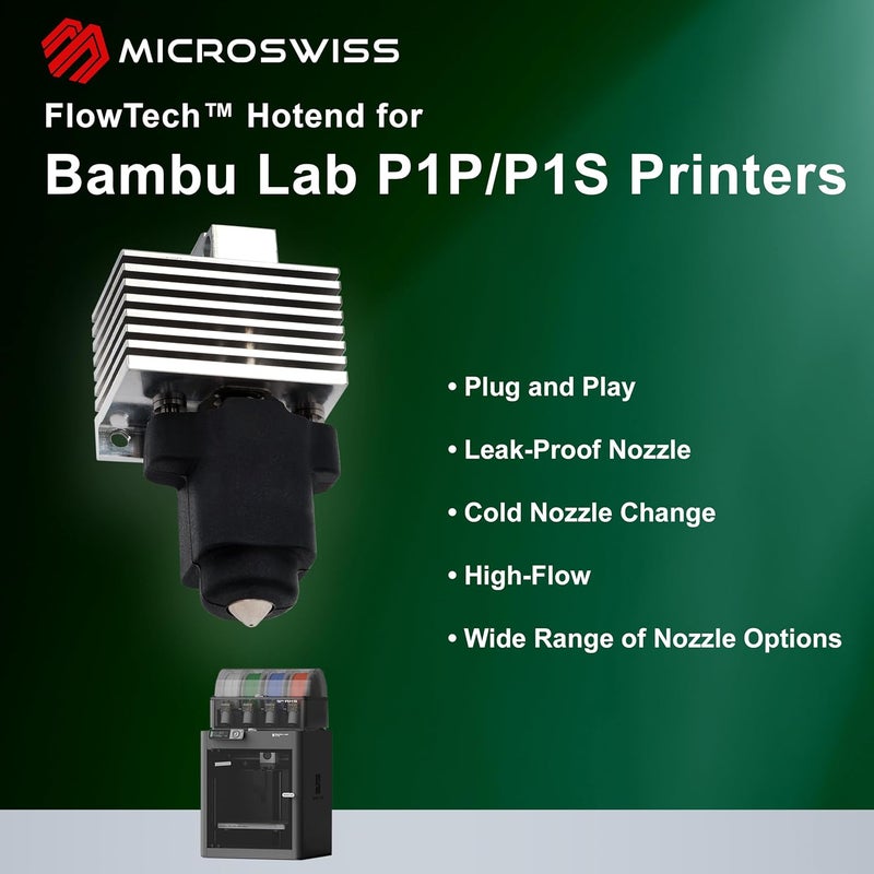 Micro-Swiss FlowTech™ Hotend for Bambu Lab P1P/P1S 3D Printers - Leakproof Nozzle - Cold Nozzle Change - High Flow CHT - Made in USA (FlowTech CM2 CHT - Hardened Tip - High Flow) - Image 2